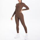 Sleek brown long sleeve yoga zipper one piece athletic suit