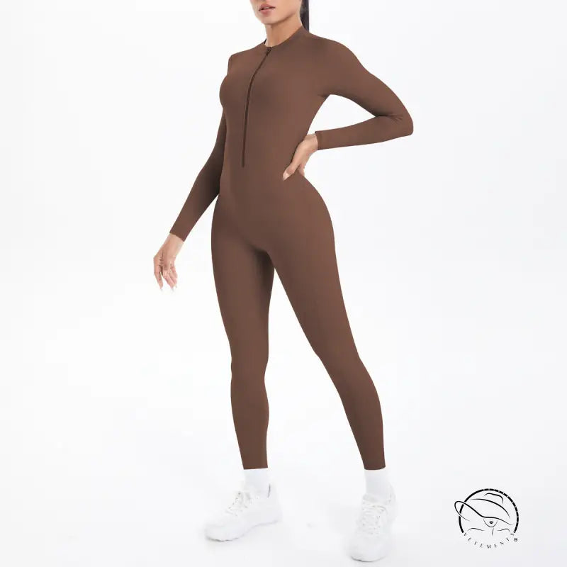 Sleek brown long sleeve yoga zipper one-piece suit in Langry fashion