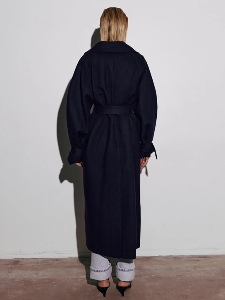 Navy blue belted trench coat in langry fashion woolen style