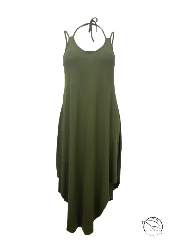 Olive green vacation casual halter spaghetti straps midi dress
