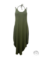 Olive green vacation casual halter spaghetti straps midi dress