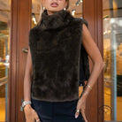 Langry dark brown faux fur sleeveless fashion vest with high collar