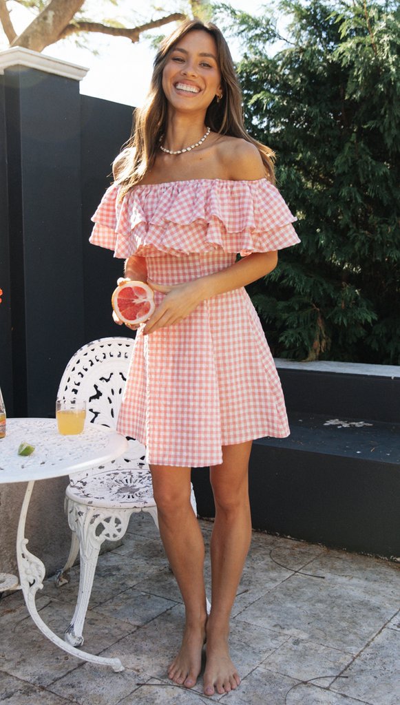 Elegant Plaid Off-shoulder Ruffled Collar Dress