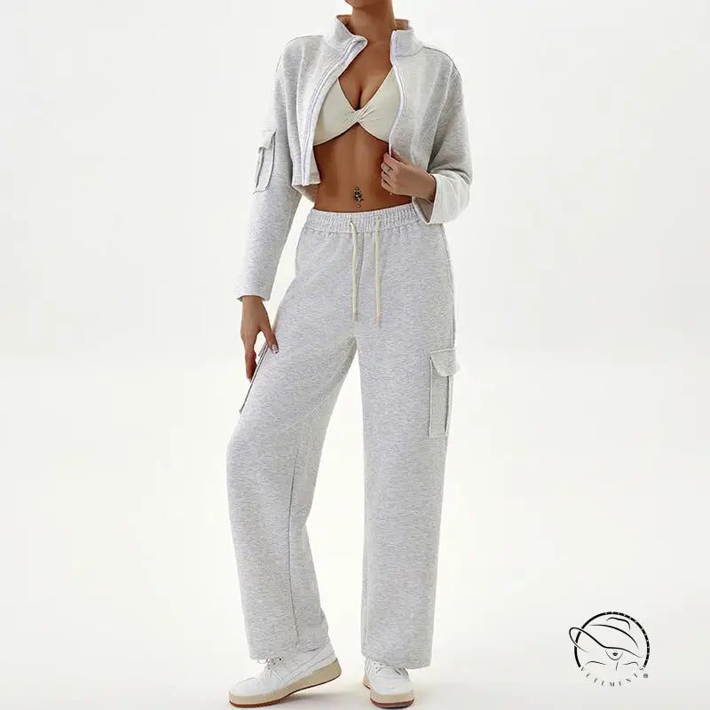 Gray crop top and cargo pants in winter workwear casual sports sets