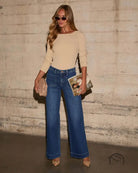 Stunning high waist straight jeans on woman with wide-leg denim