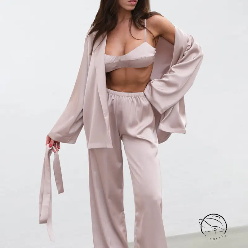 Light pink satin pajamas set with bralette, pants and robe