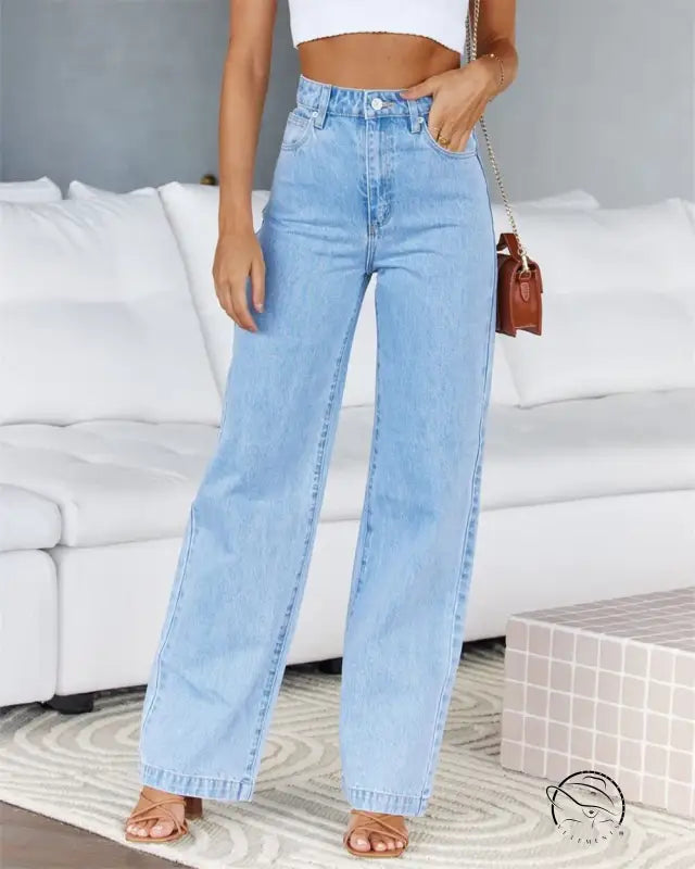 Light wash high-waisted women stretchy wide leg denim trousers