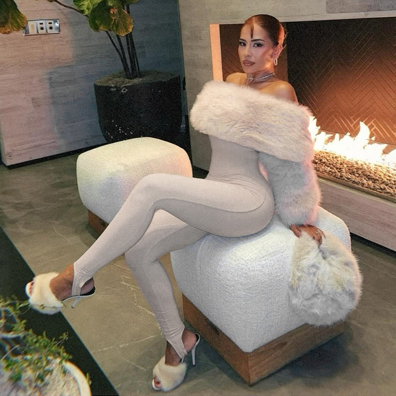 Langry fashion white faux fur off-shoulder bodysuit with ملابس high-heeled slides