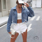 Loose street denim short coat with cropped jacket, white distressed shorts, crop top
