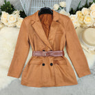 Langry fashion Autumn Winter suede long blazer in caramel with double-breasted belt detail