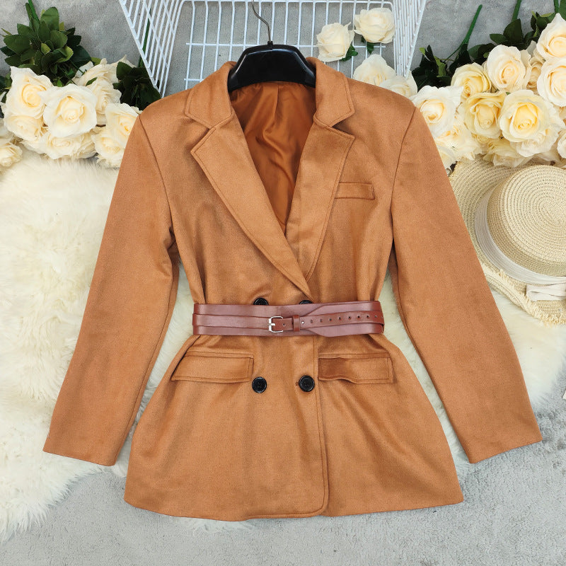 Langry fashion Autumn Winter suede long blazer in caramel with double-breasted belt detail