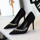 Langry fashion black suede stiletto heels with rhinestones
