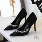 Elegant black suede Rhinestone Cocktail Stiletto Heels with rhinestones