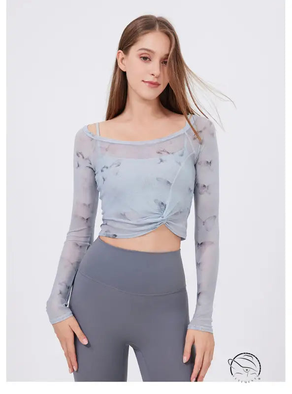 Floral Butterfly Faux Two Piece Sports t Shirt Women Long Sleeve with Chest Pad Yoga Clothes Mesh Top Quick Drying