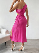 Elegant Sleeveless Shoulder Slit Dress in pink showcasing contemporary fashion style