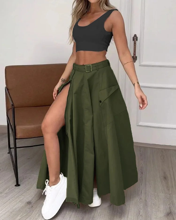 Ladies Set Summer Sleeveless Solid Color Slit Two Piece