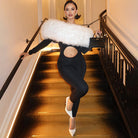 Off-shoulder furry stitching long sleeve cropped jumpsuit in white fur collar with black bodysuit and high heels