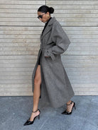 Stylish gray wool trench coat with belt and high slit, langry fashion ملابس