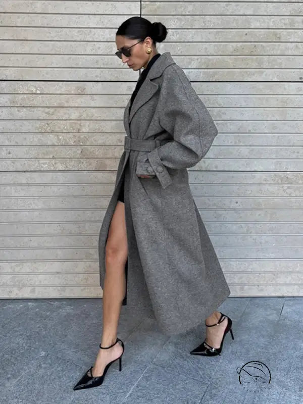 Stylish gray wool trench coat with belted waist and high slit from Langry fashion