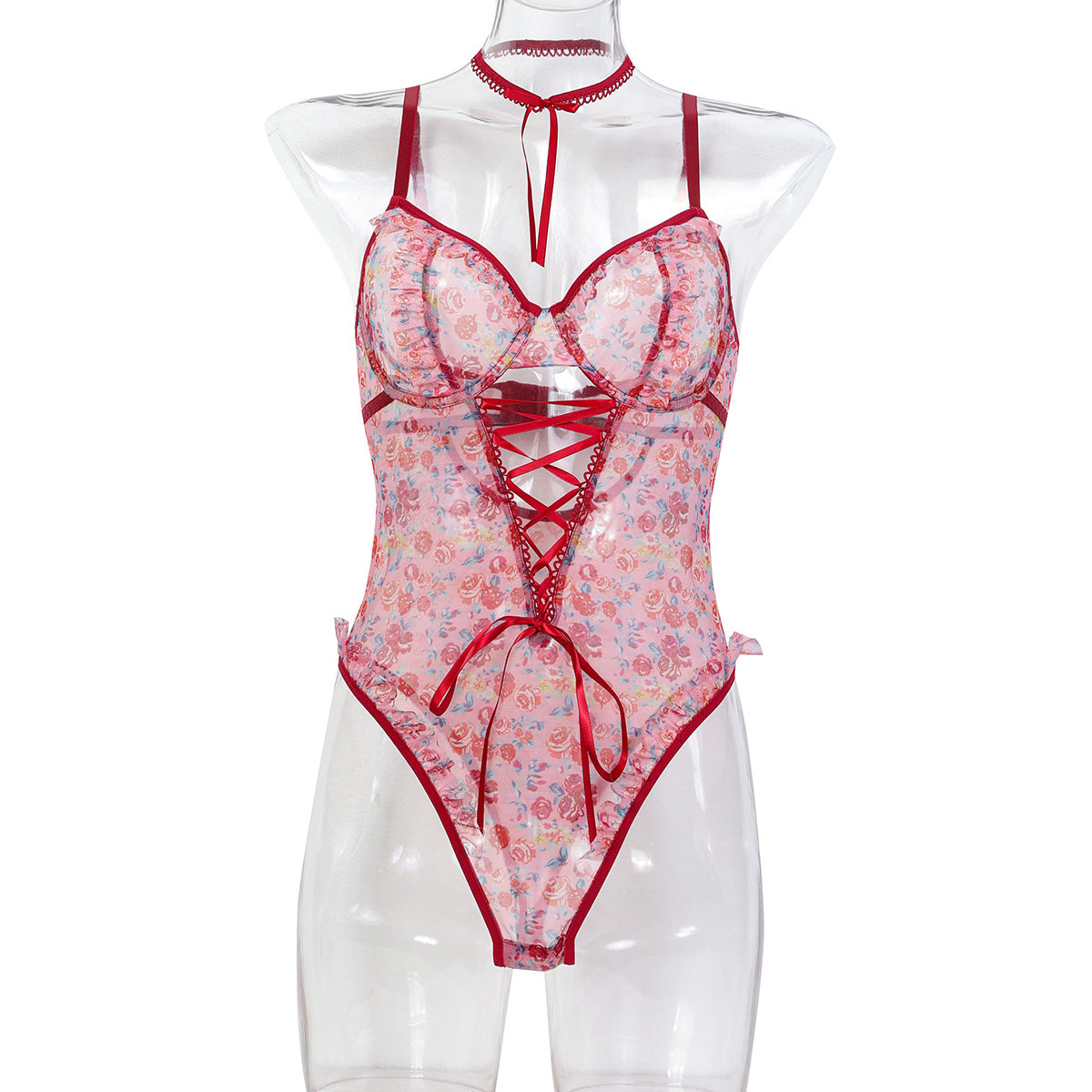 Langry floral lace bodysuit with red accents in fashion ملابس