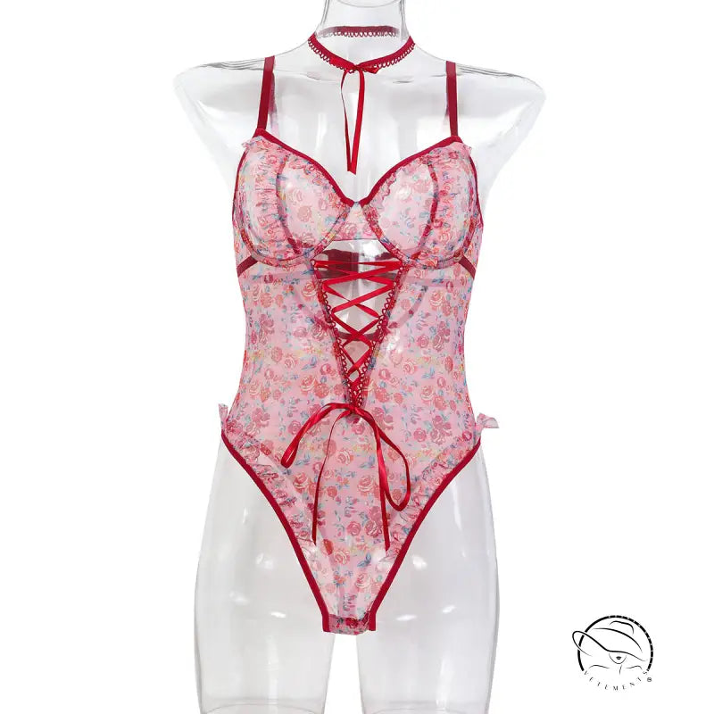 Floral lace bodysuit with red accents in Langry fashion ملابس