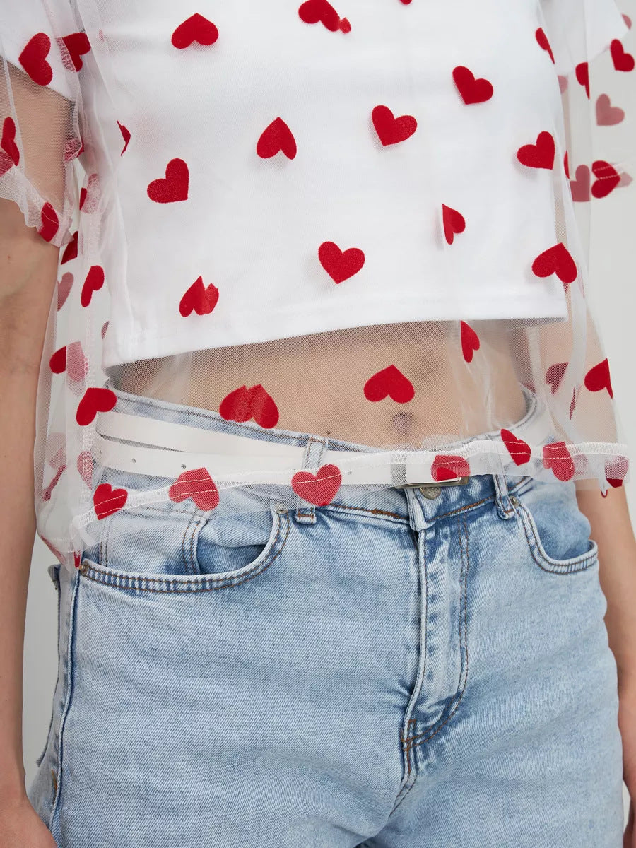Elegant Faux Two Piece Cotton Short Top featuring a white crop top with red heart pattern