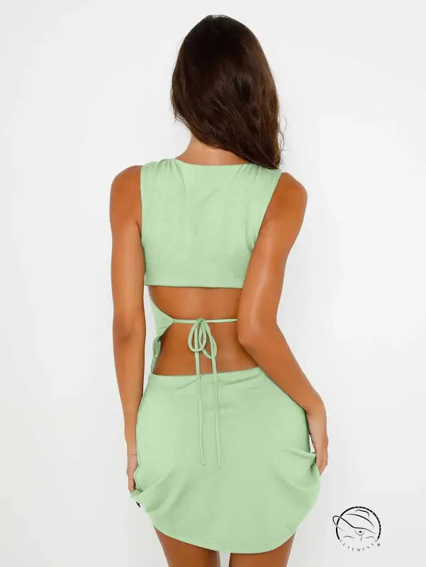 Light green backless hip bag dress summer hollow out cutout