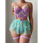 Purple and mint green Underwear Lace Tube Short Skirt T Back Three Piece Set with accents