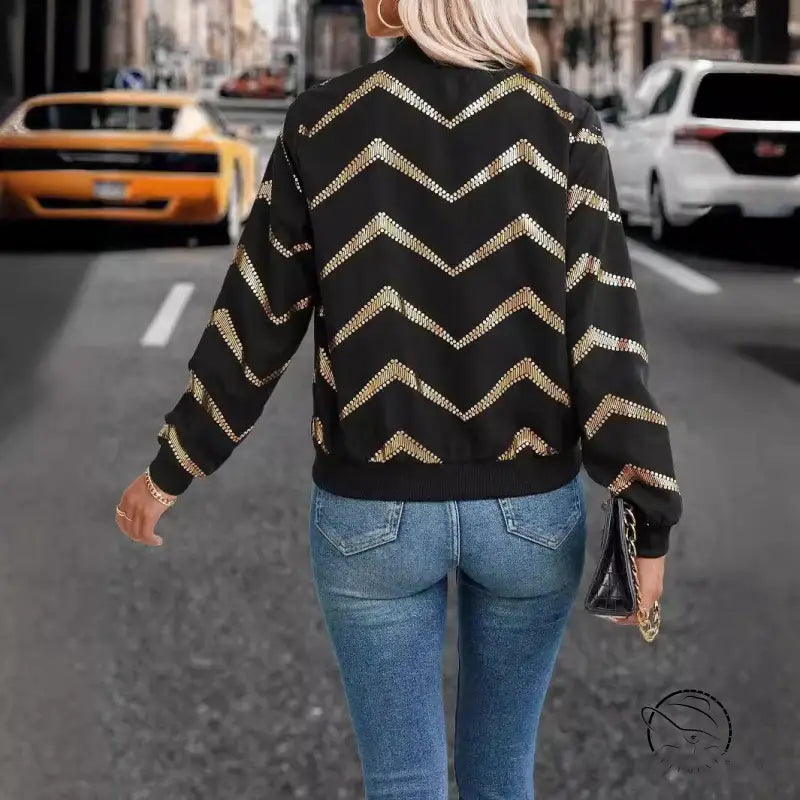 Black and gold chevron langry fashion bomber jacket coat