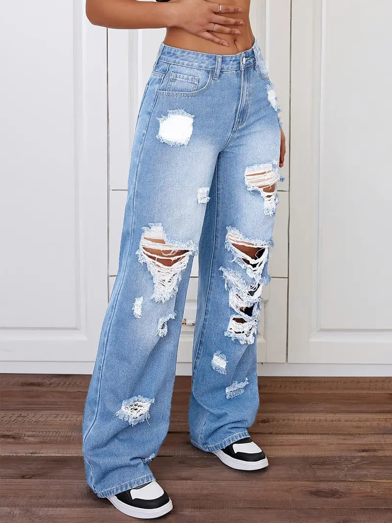 Langry fashion ripped washed high waist loose denim trousers in light blue with distressed holes