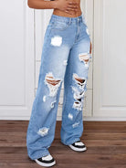 Langry fashion ripped washed high waist loose denim trousers in light blue with distressed holes