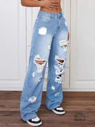 Langry fashion ripped washed high waist straight loose denim trousers in light blue with distressed holes