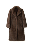 Brown fluffy faux fur jacket with classic collar and long sleeves
