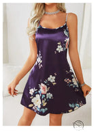 Elegant purple floral ice silk strap night dress for women