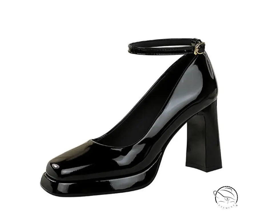 Leather Square Toe Ankle Strap High Heels