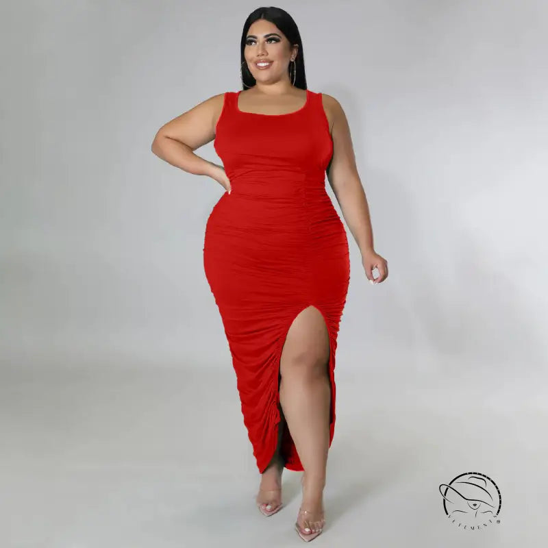 Red sleeveless ruched summer slim fit fold split dress