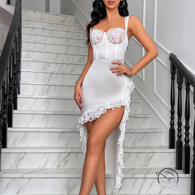 Elegant French lace satin seaside dress with white lace trim