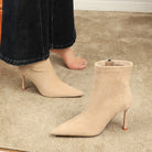 Elegant beige suede langry fashion ankle boots with pointed toe and slim high heel