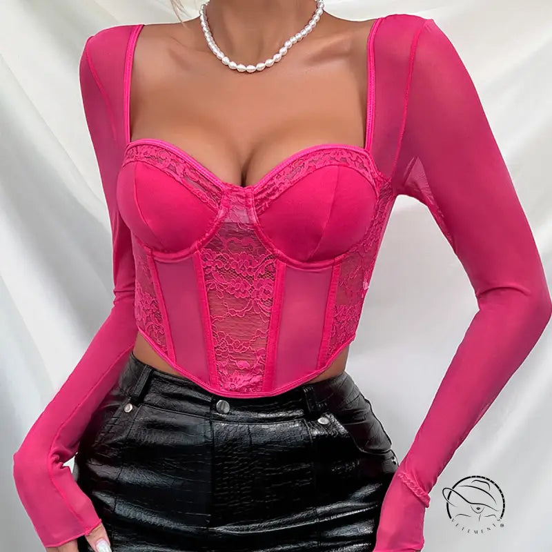 Black lace grenadine boning slim fit corset top with sheer mesh sleeves