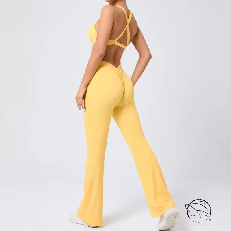 Peach tight brushed yoga hip raise set with yellow bell-bottom pants