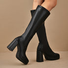Leather Slimming Chunky Heel Below the Knee Knight Boots