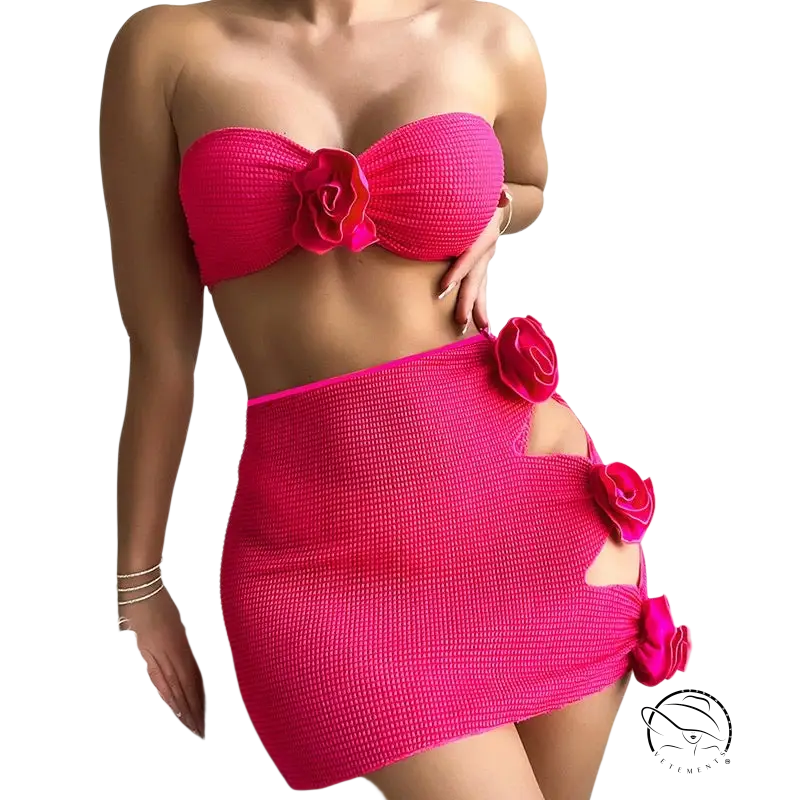 Vibrant coral red flora bikini swimsuit with rose embellishments