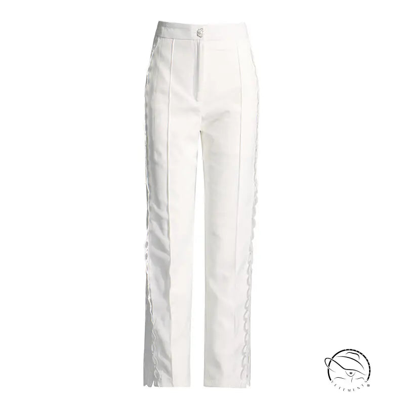White tailored trousers with lace trim in French artistic palace embroidery jumpsuit