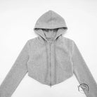Grey cozy short zipper cardigan hoodie coat with hood and zipper details