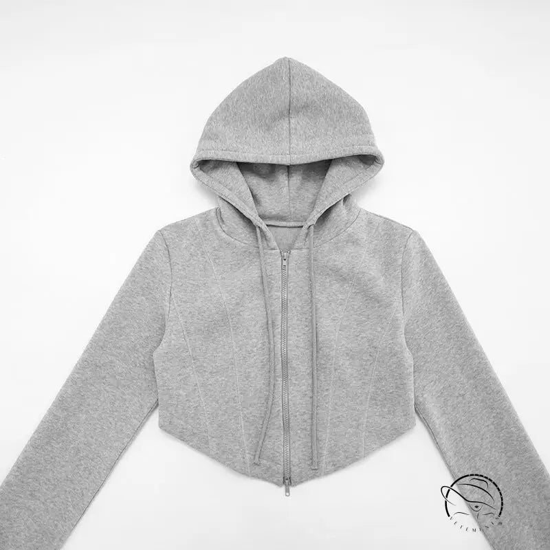 Grey cozy short zipper cardigan hoodie coat with hood and zipper details
