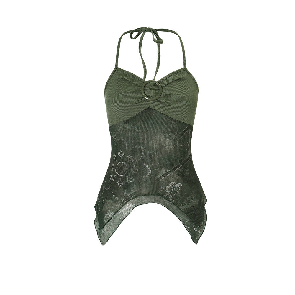 Slim fit olive green halterneck vest in langry fashion with ribbed fabric and sheer lace