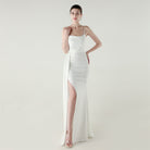 Elegant high slit satin evening dress in white, langry fashion ملابس