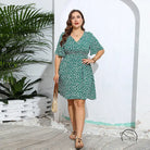 Teal and white geometric casual v neck loose dress with short sleeves