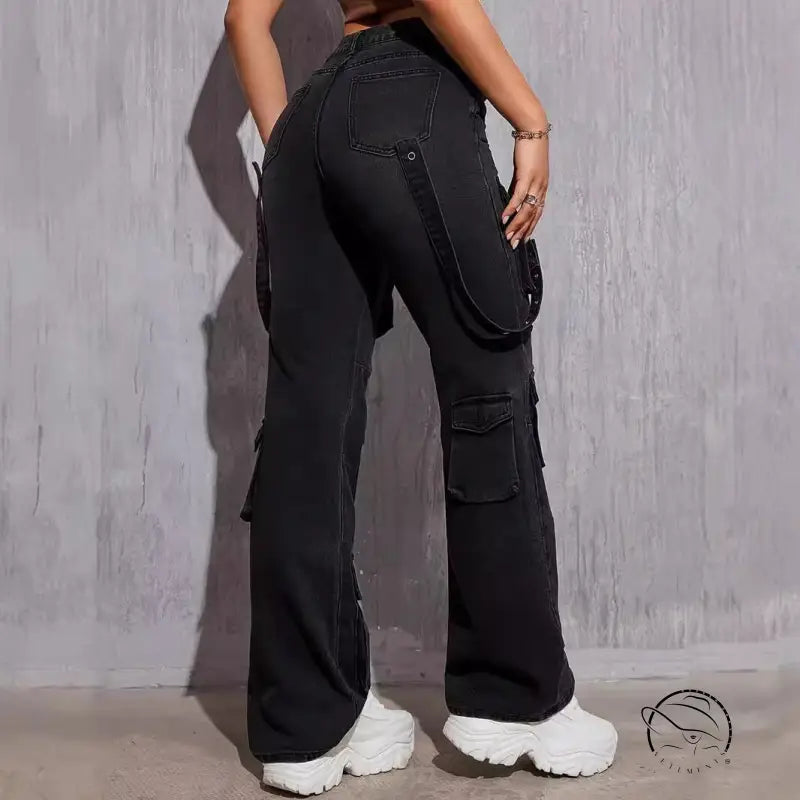 Black denim high elastic hip hop cargo pants with straps, pockets, and white sneakers