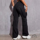 Black denim high elastic hip hop cargo pants with straps, pockets, and white sneakers